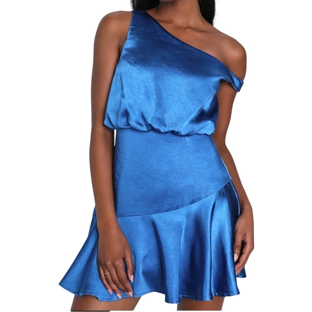 Lulus Iconic Crush Blue Satin One Shoulder Mini Dress